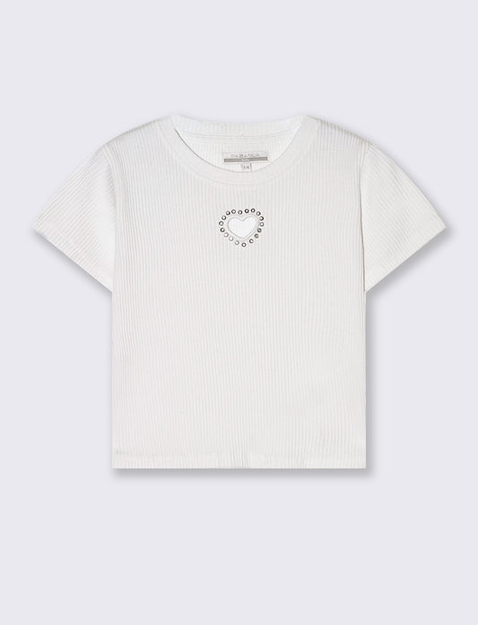 T-shirt in costina con cuore da bambina - Bianco