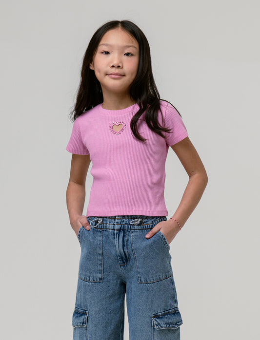 T-shirt in costina con cuore da bambina - Rosa
