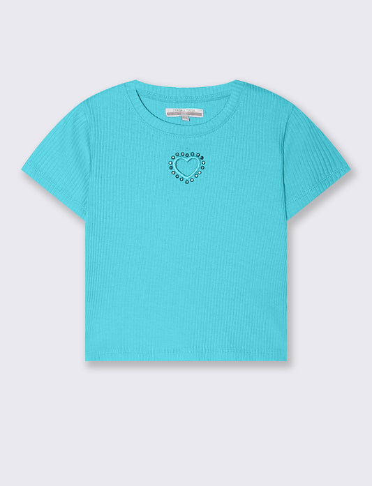 T-shirt in costina con cuore da bambina - Verde acqua