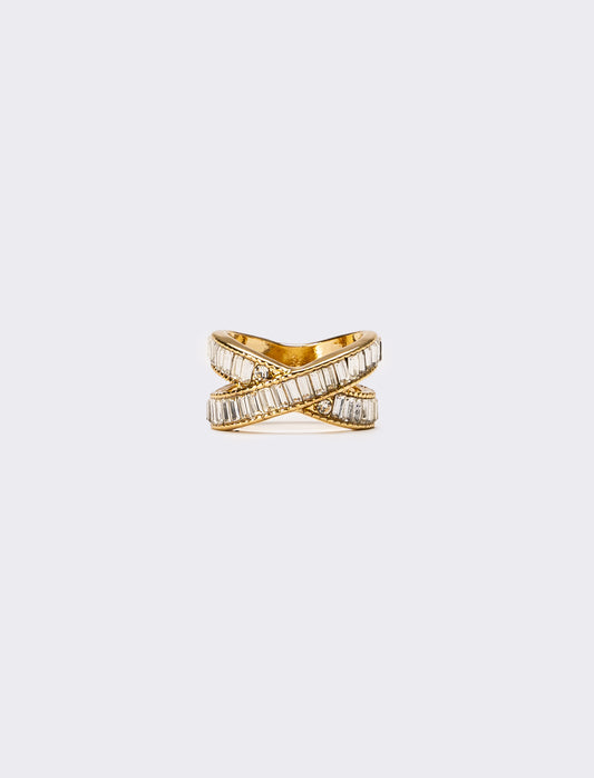 Anello donna ad incrocio con strass a baguette - Oro