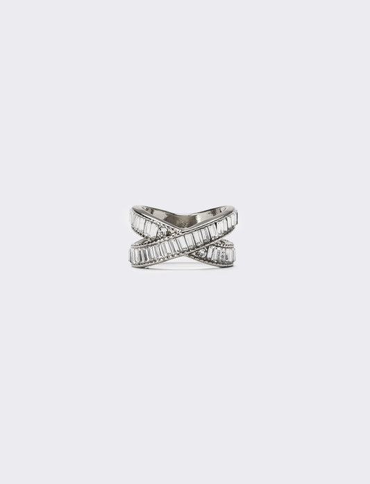 Anello donna ad incrocio con strass a baguette - Argento