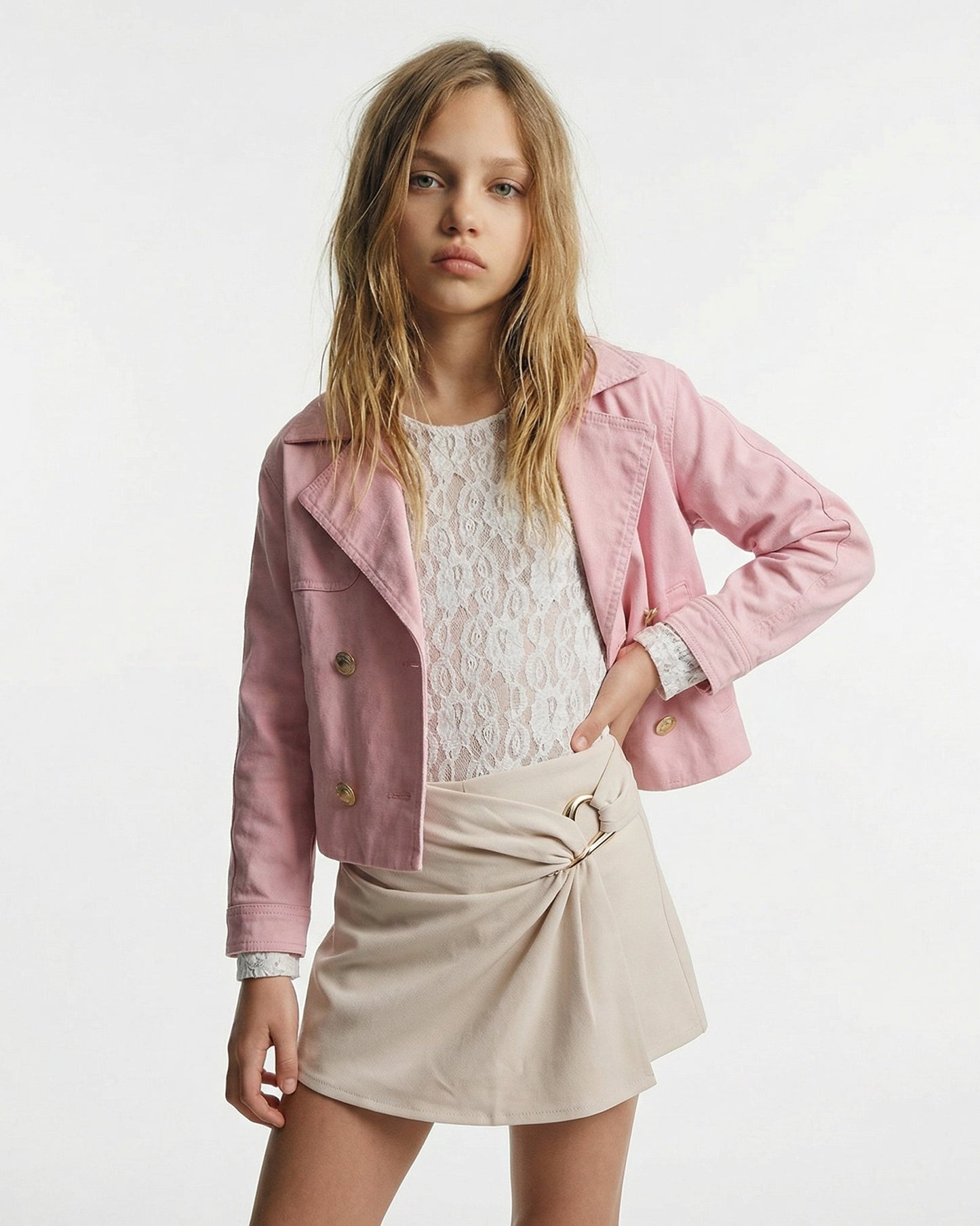 Body in pizzo girocollo per bambina - Crema