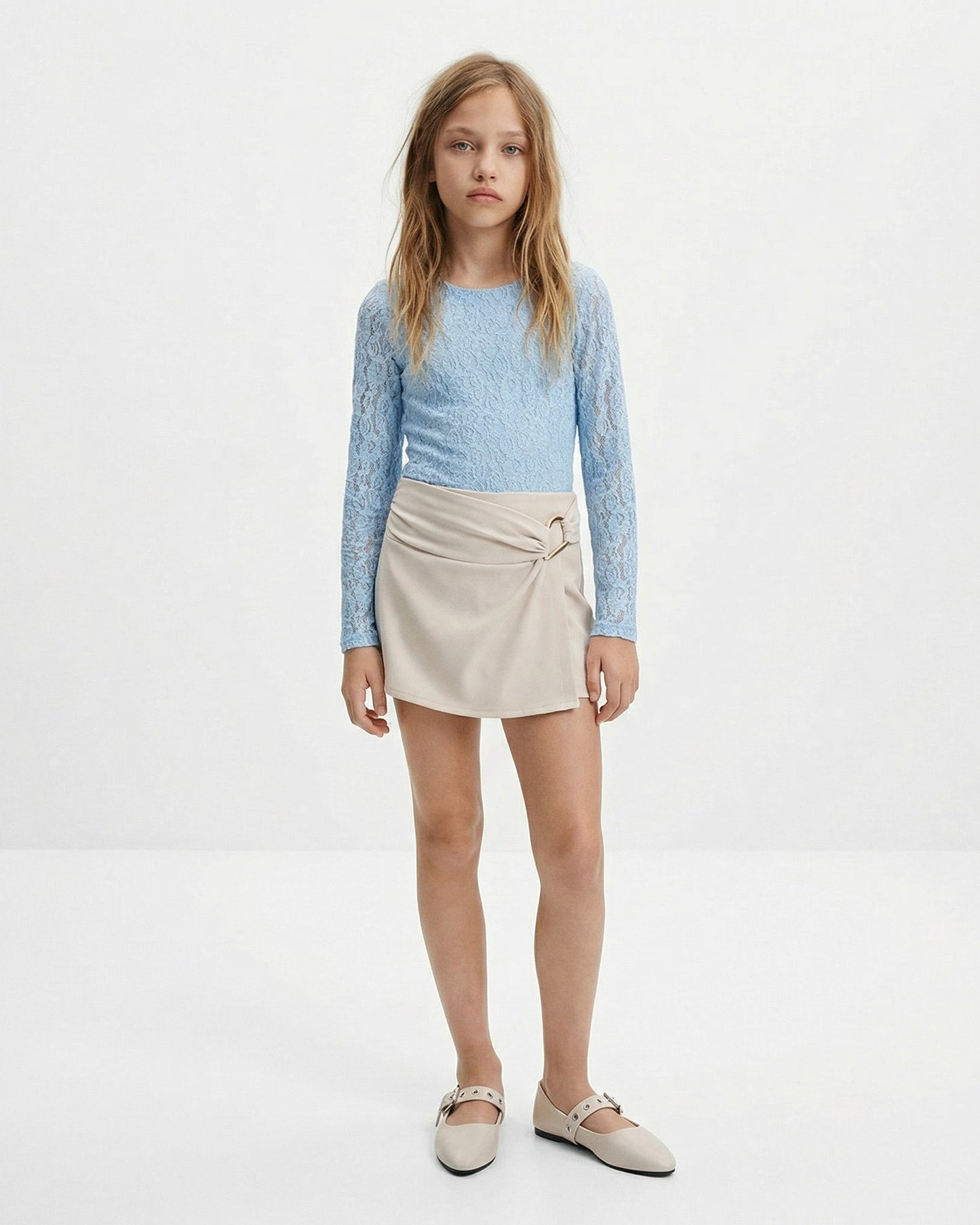 Lace bodysuit with round neckline for girls - Sky blue