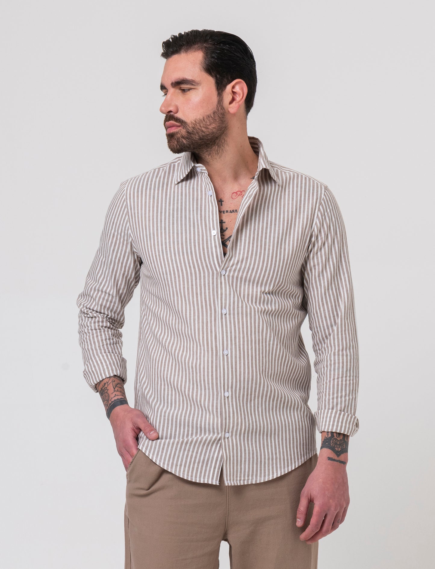 Camicia a righe da uomo - Grigio fango