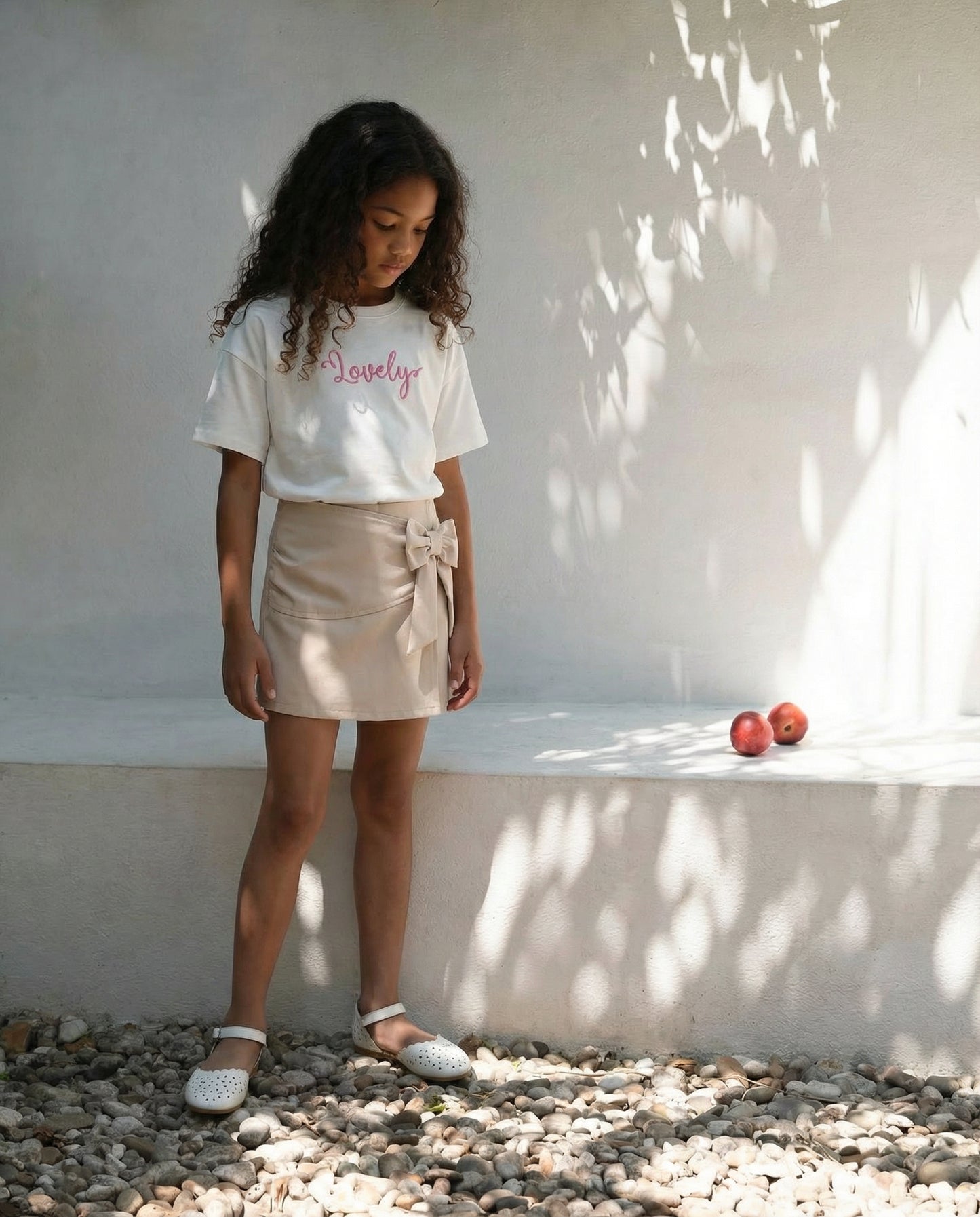 Gonna bambina con fiocco e fascia decorativa - Beige