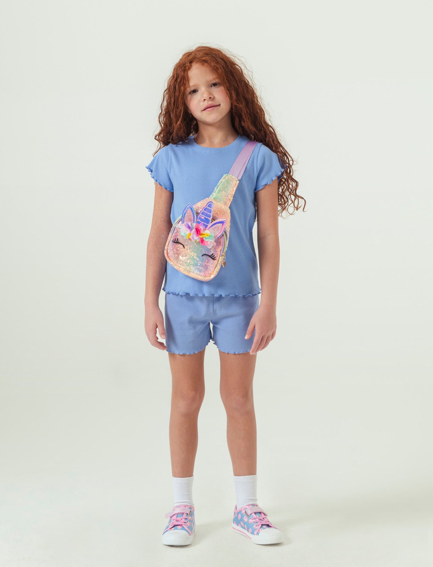 Short in rib con orlo ondulato da bambina - Azzurro