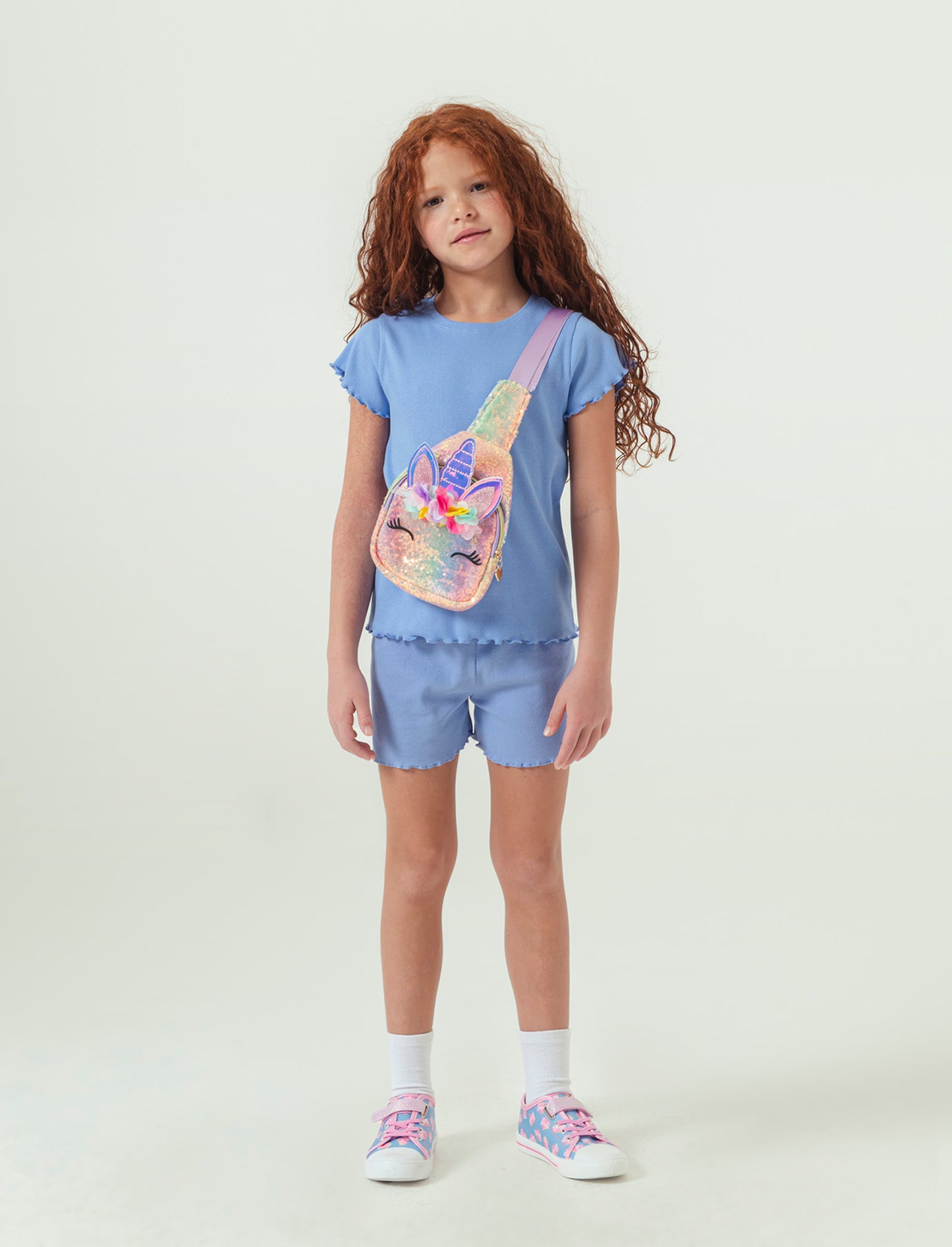 Short in rib con orlo ondulato da bambina - Azzurro