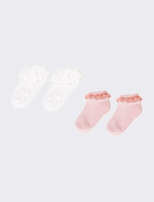 Calzini bambina bipack con rouche san gallo - Bianco