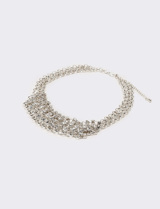 Collana donna con strass e maglia metallica - Argento