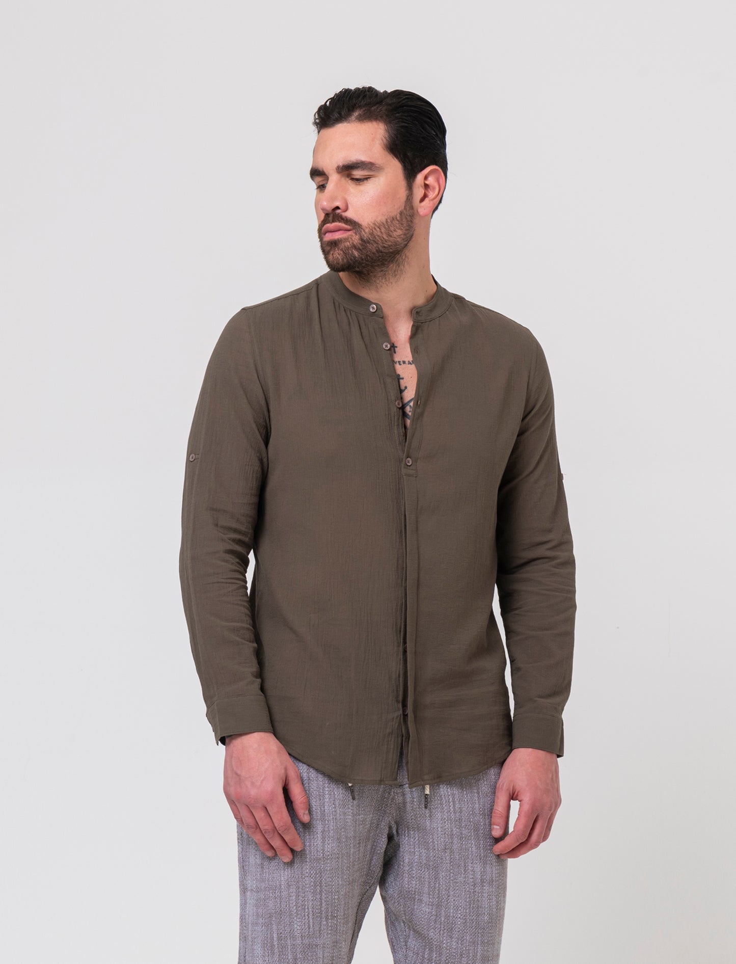 Camicia coreana effetto crepe da uomo - Verde kaki