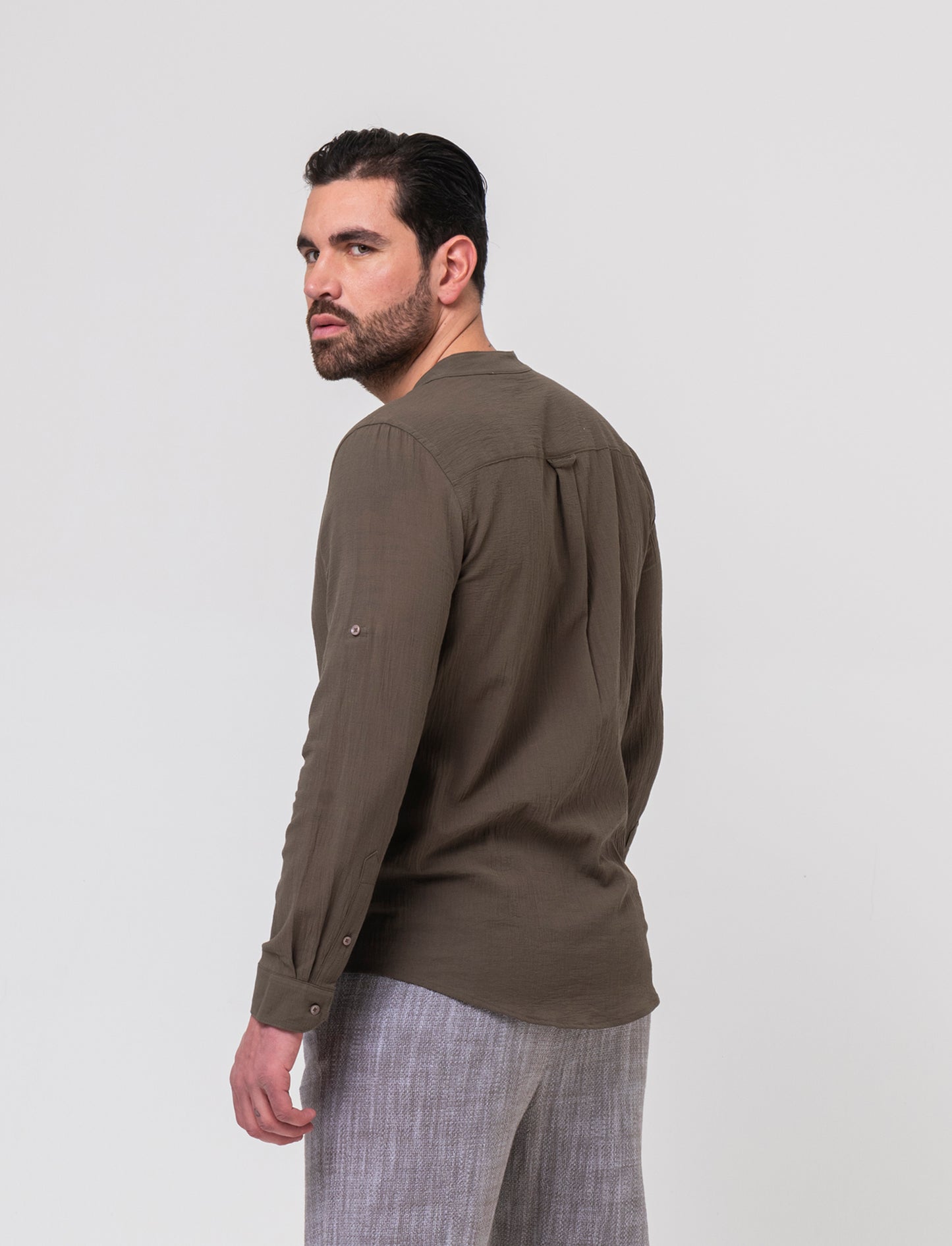 Camicia coreana effetto crepe da uomo - Verde kaki