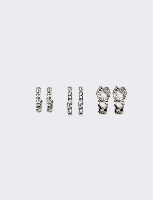 Orecchini donna card 3 paia orecchini cerchietti strass - Argento