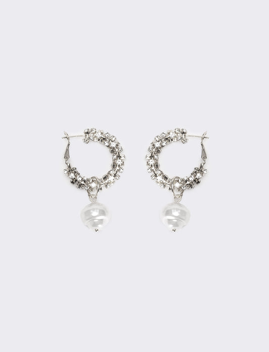 Orecchini donna cerchi con strass pendente perla - Argento