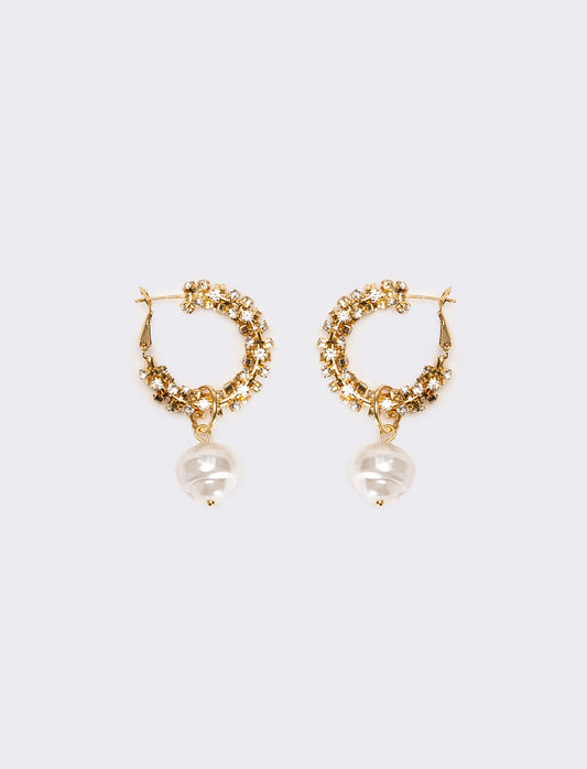Orecchini donna cerchi con strass pendente perla - Oro