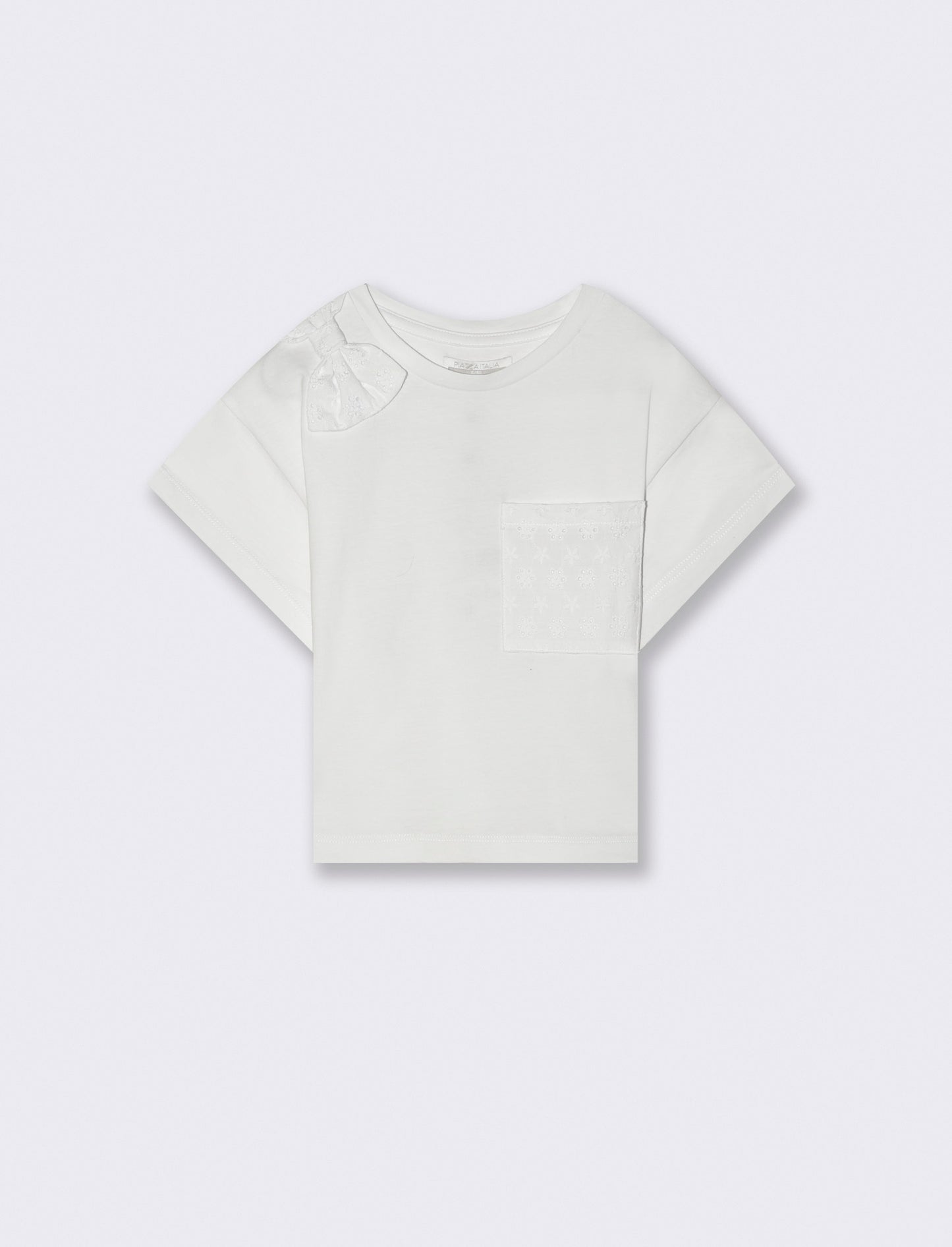 T-shirt in cotone con dettagli in sangallo da bambina - Bianco
