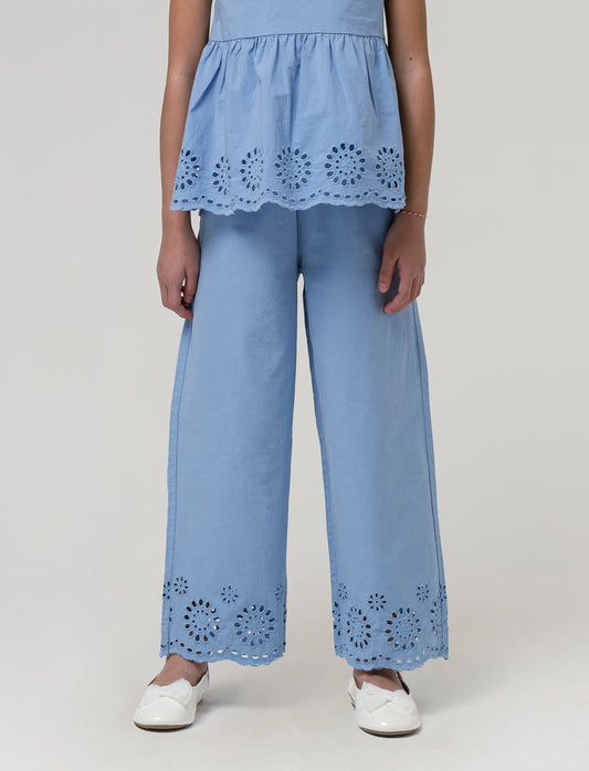 Pantaloni cropped con ricamo da bambina - Azzurro
