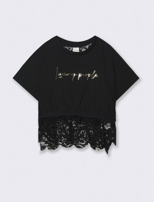 T-shirt con pizzo da bambina - Nero