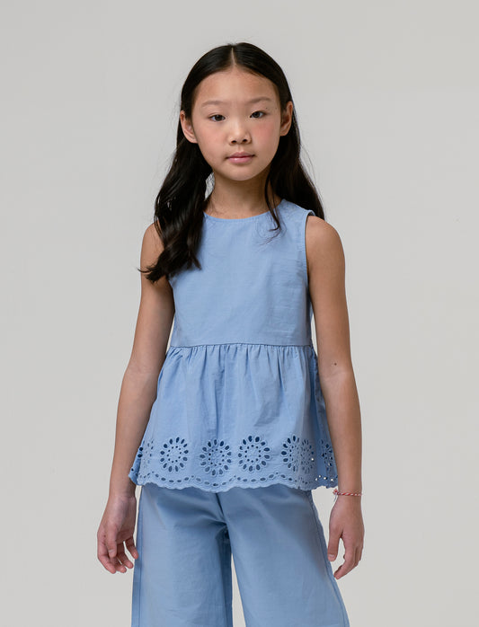 Top in cotone con ricamo da bambina - Azzurro