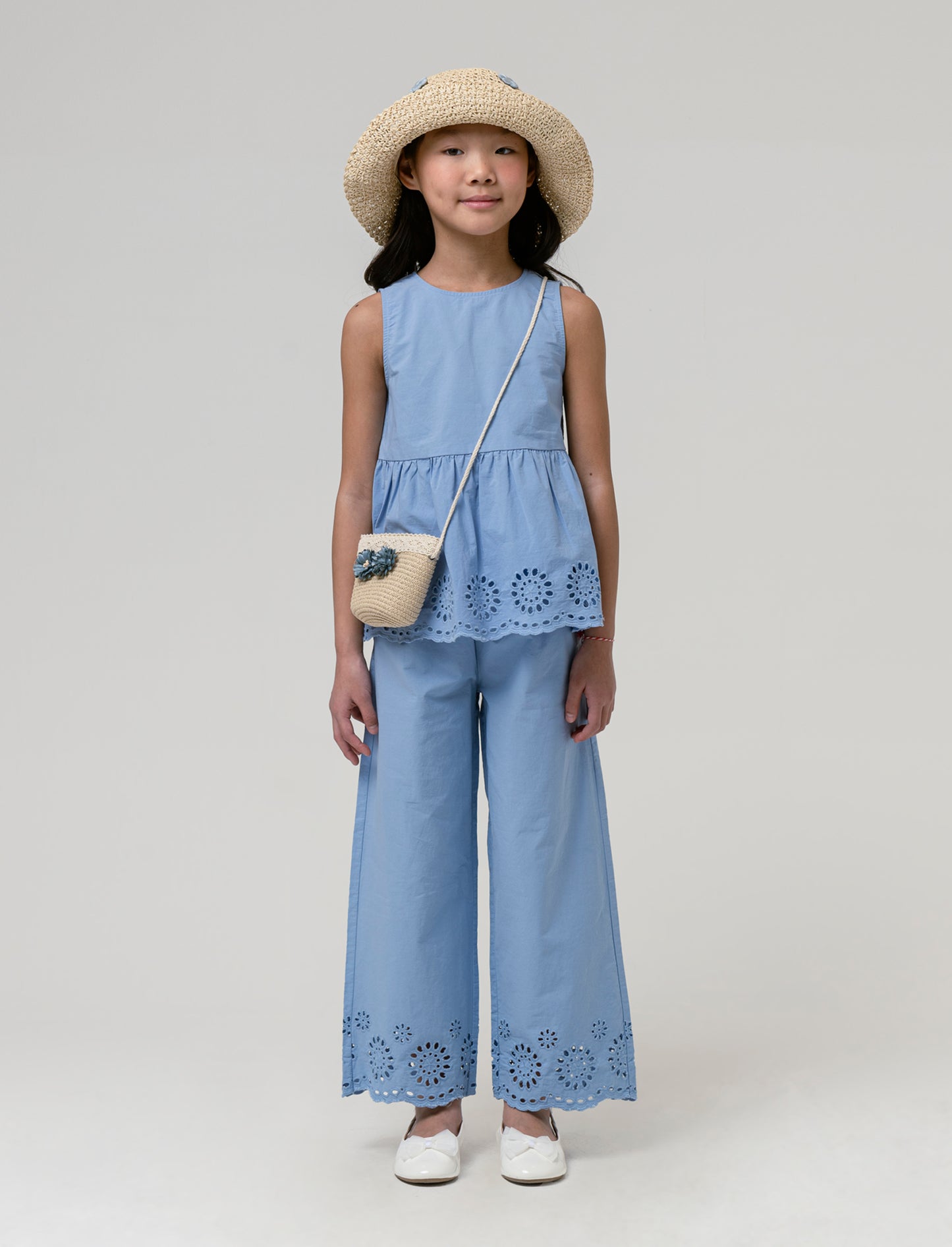 Top in cotone con ricamo da bambina - Azzurro