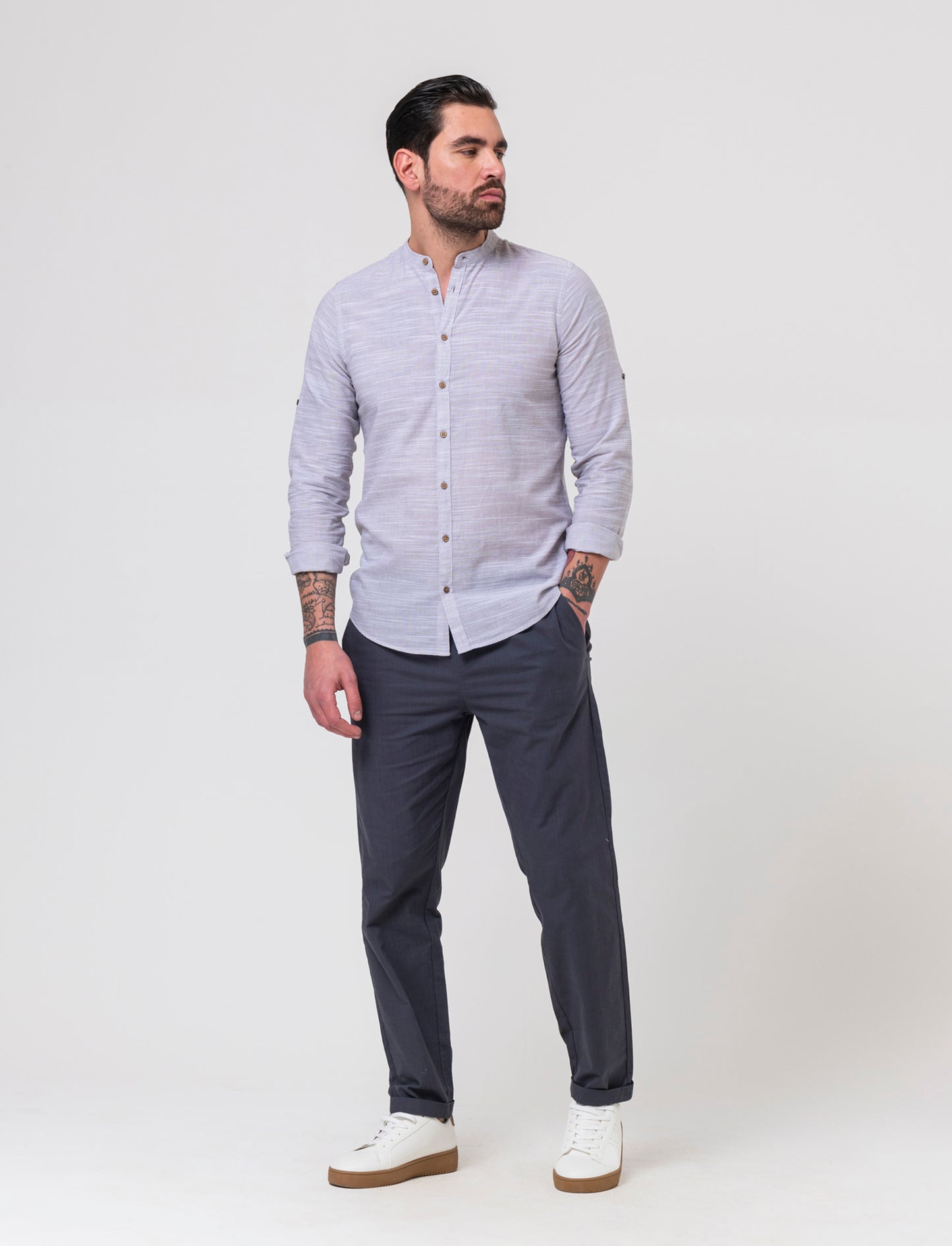 Camicia in cotone fil a fil da uomo - Grigio fango