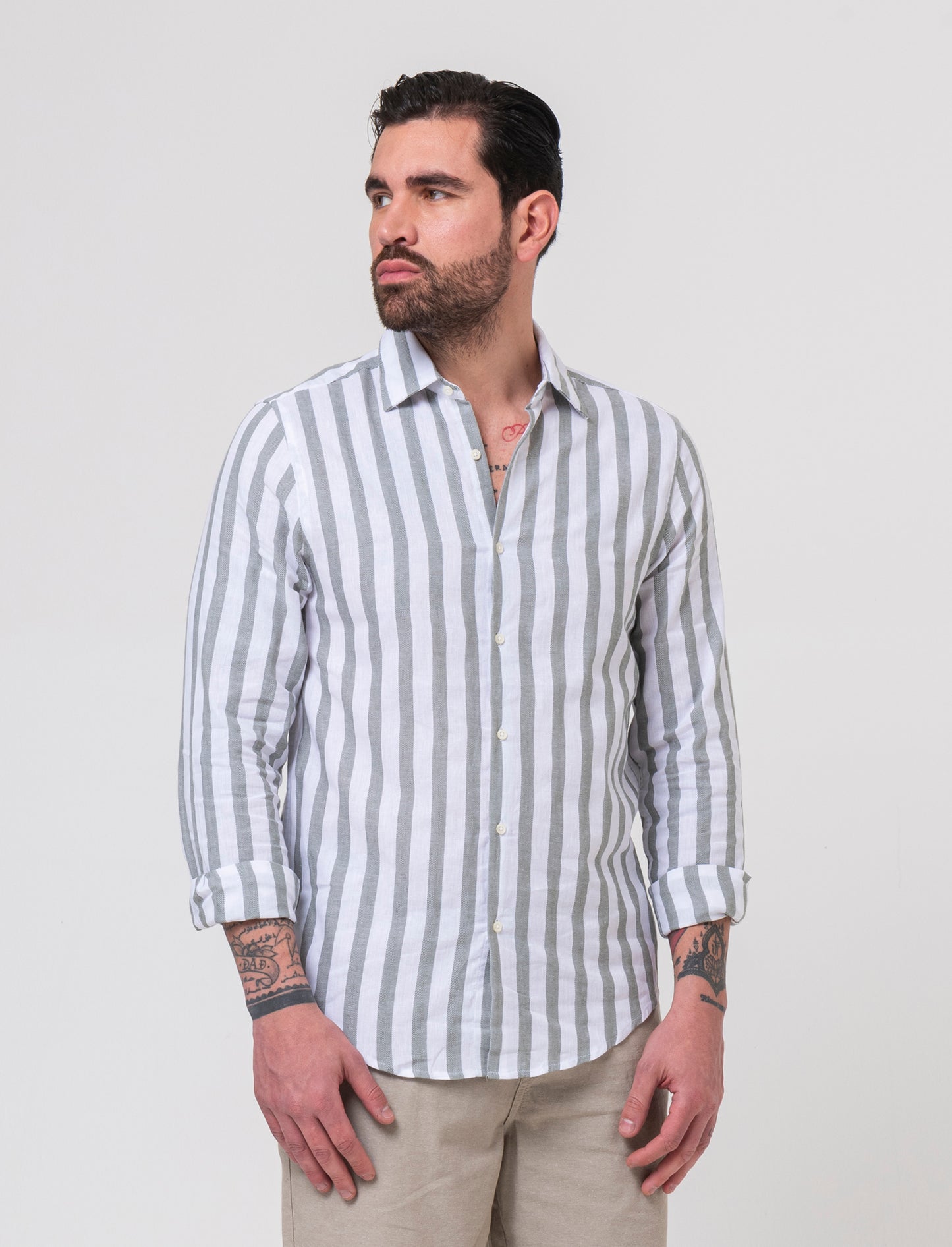 Camicia a righe misto lino da uomo - Verde salvia