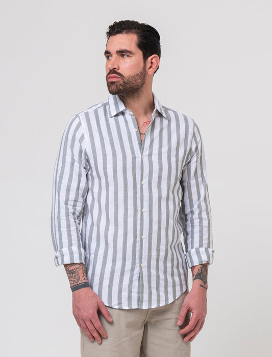 Camicia a righe misto lino da uomo - Verde salvia