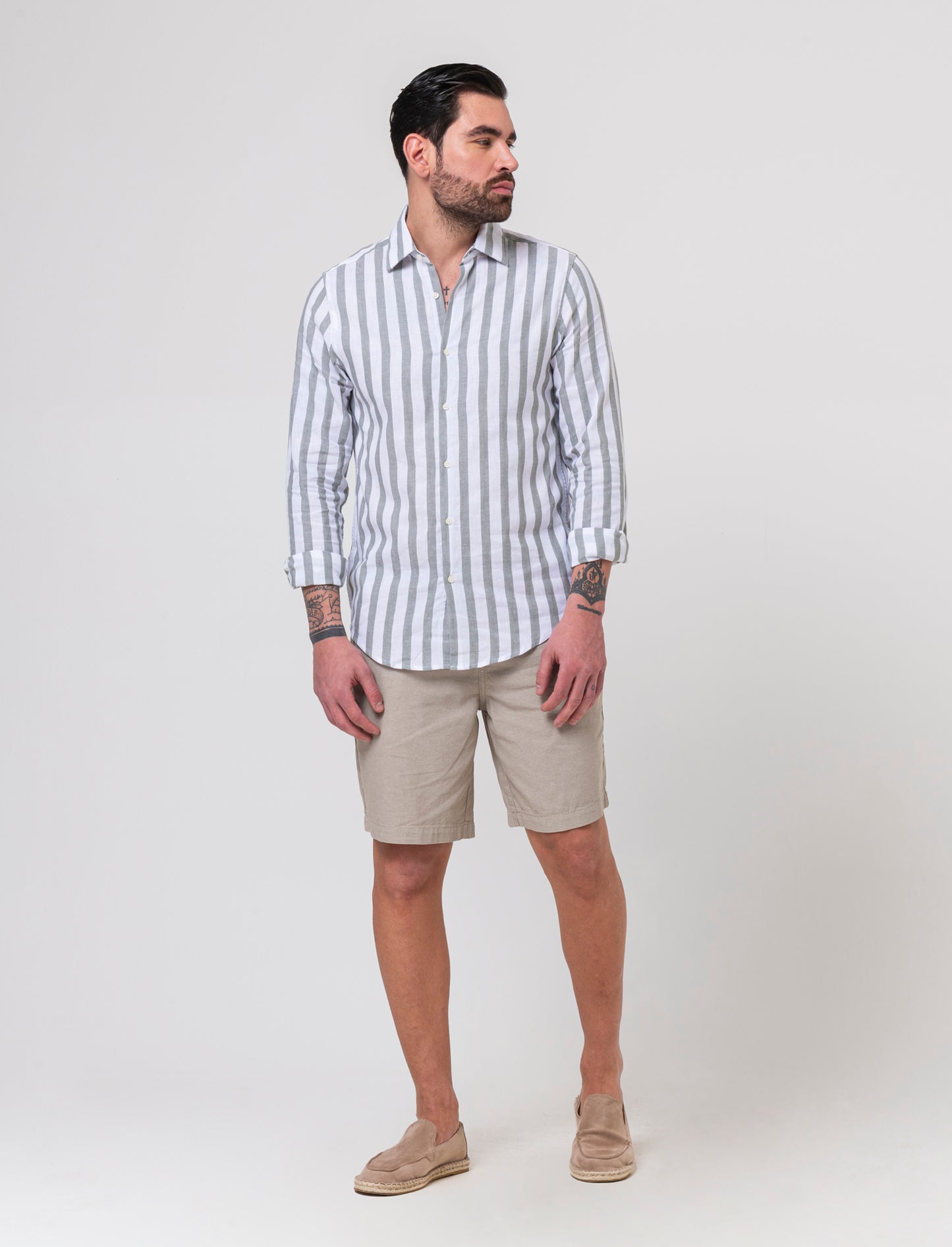 Camicia a righe misto lino da uomo - Verde salvia