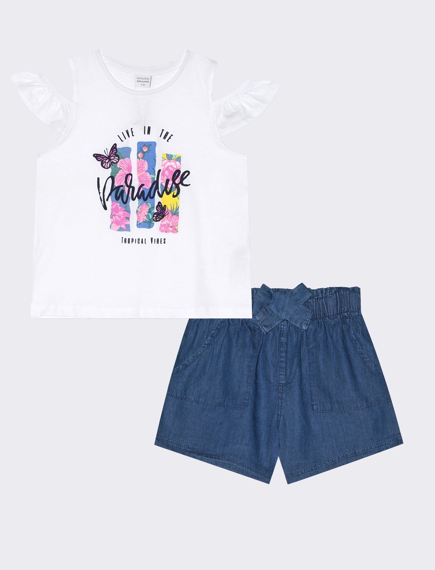 Completo chambray con top Bardot - Bianco