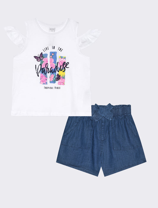 Completo chambray con top Bardot - Bianco