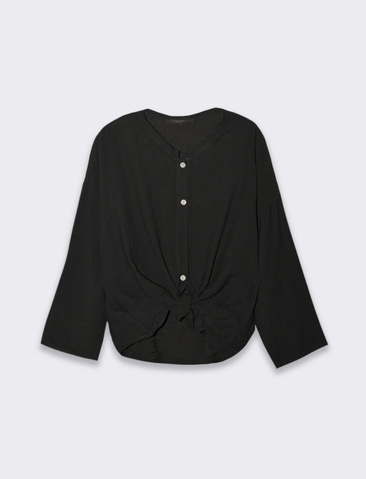 Camicia manica lunga con nodo e colletto alla coreana - Nero