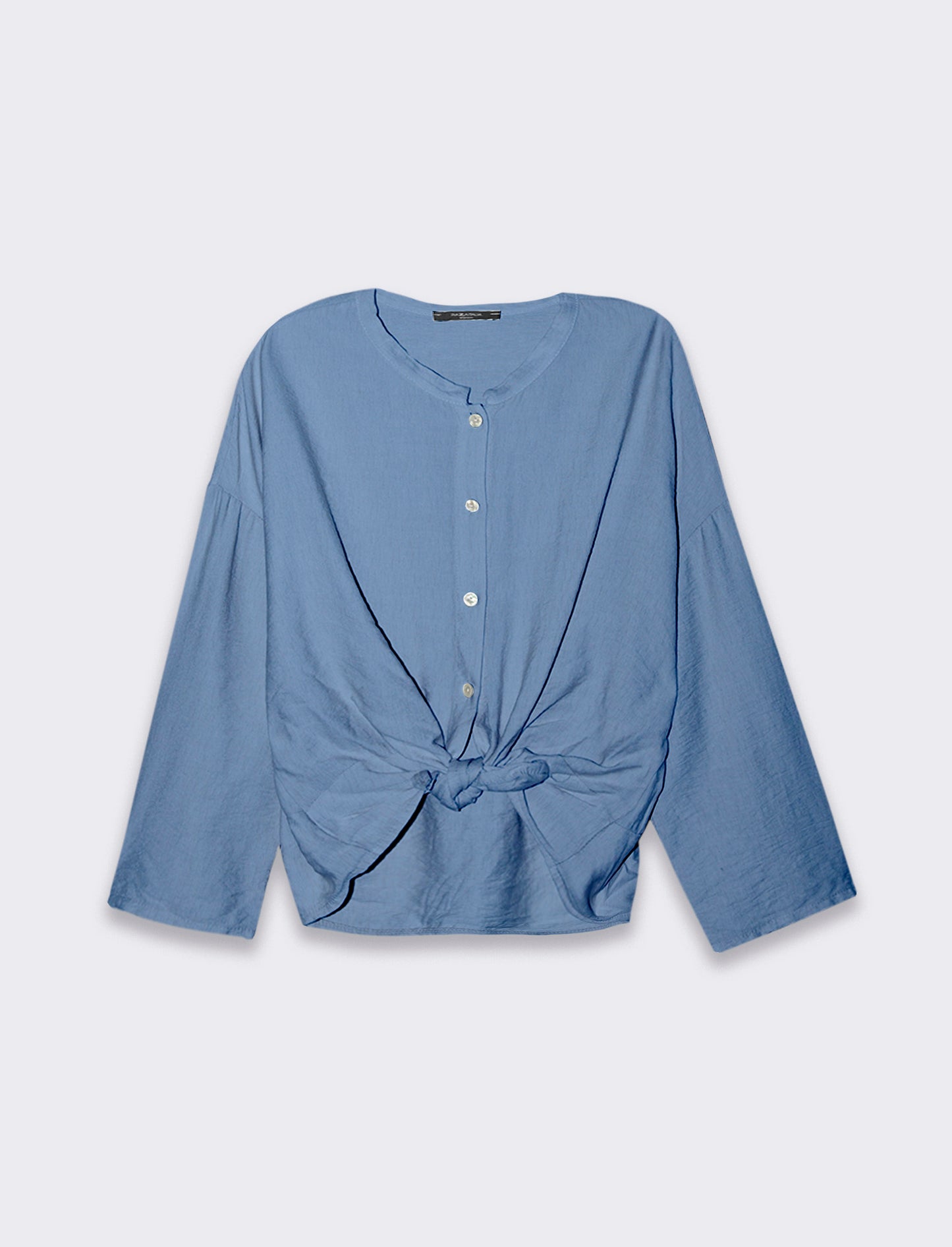 Long Sleeve Shirt with Knot and Mandarin Collar for Women - Blue