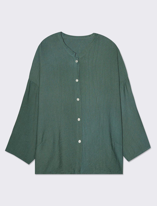 Long Sleeve Shirt with Knot and Mandarin Collar for Women - Green