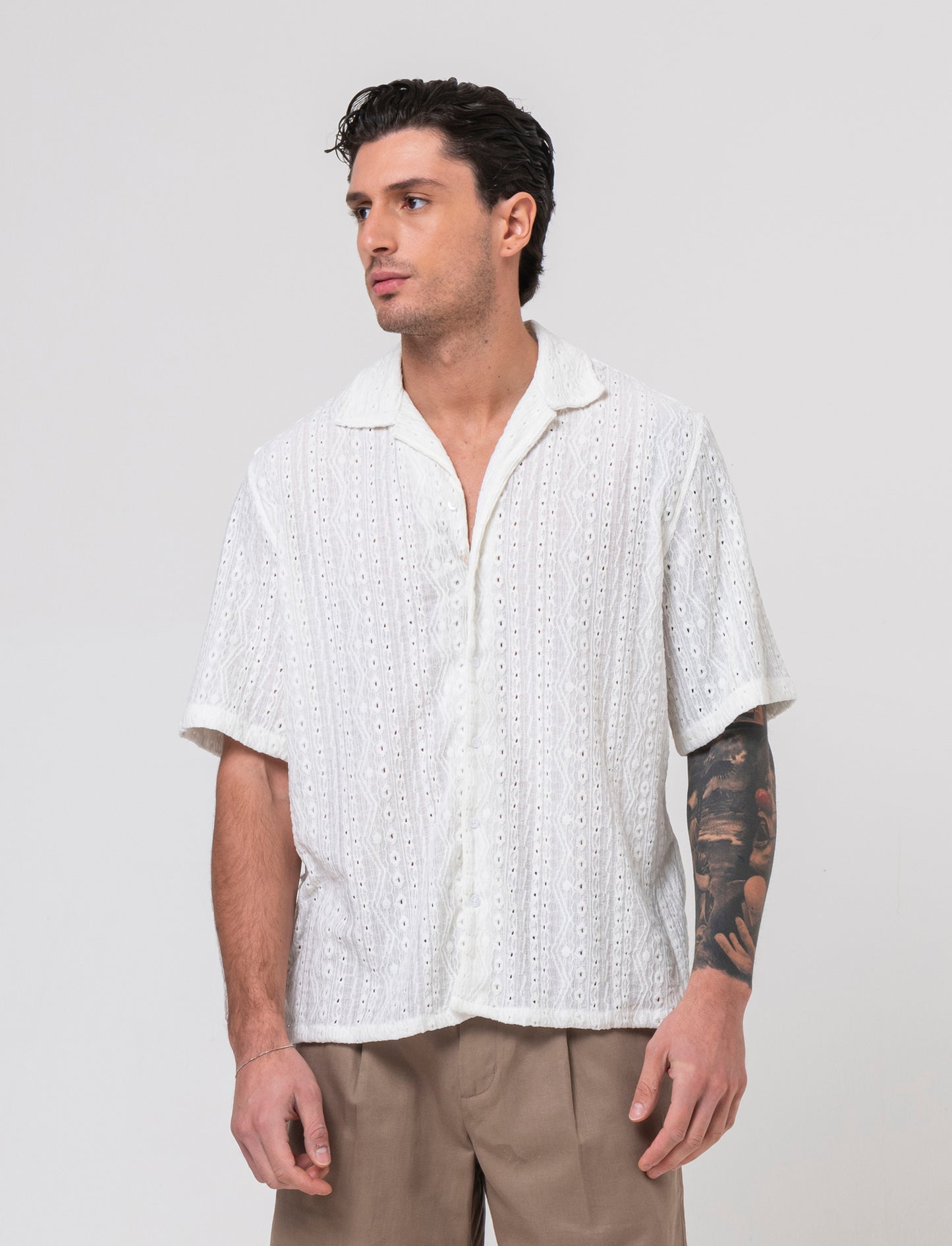 Camicia jacquard effetto crochet da uomo - Bianco