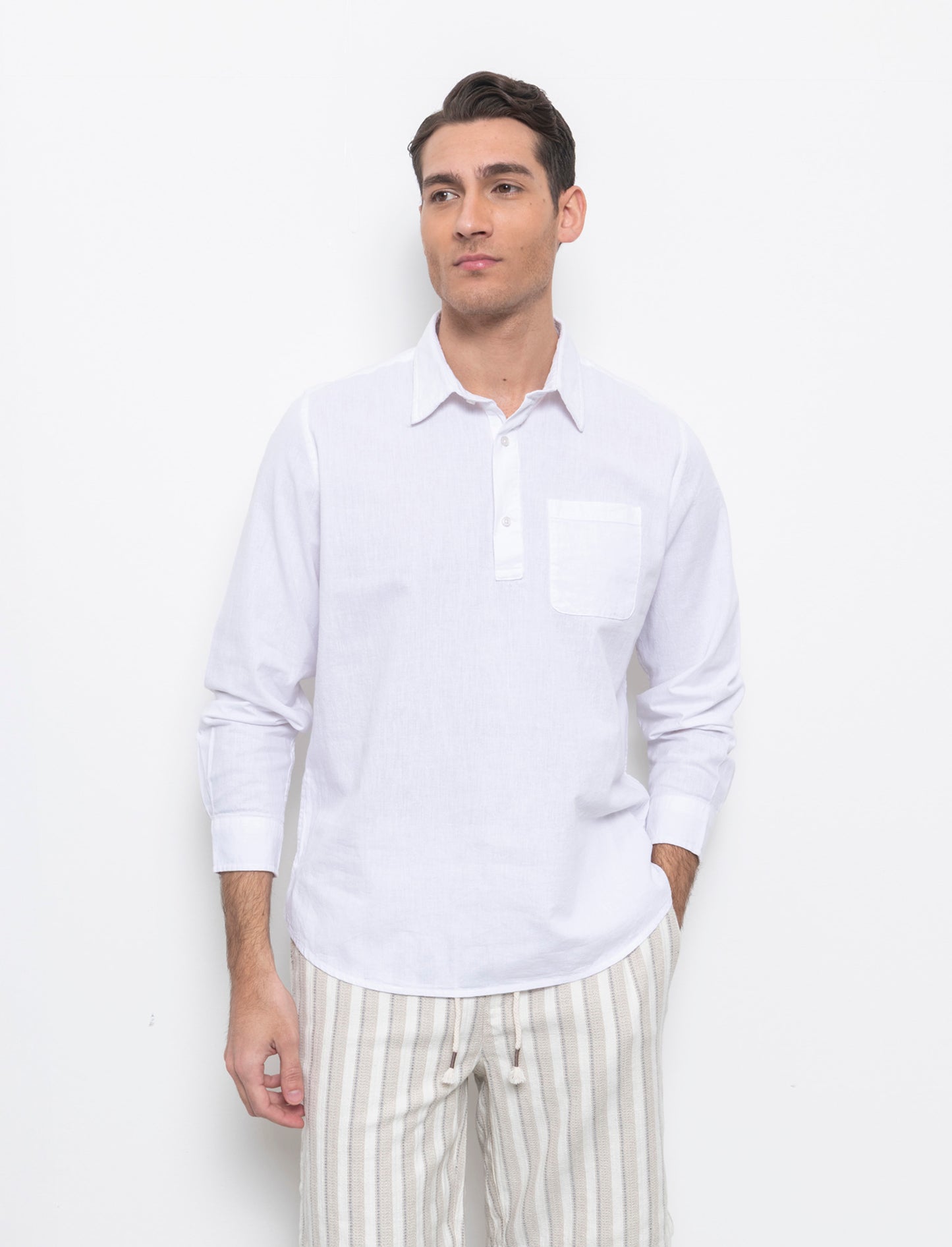 Camicia a casacca misto lino da uomo - Bianco