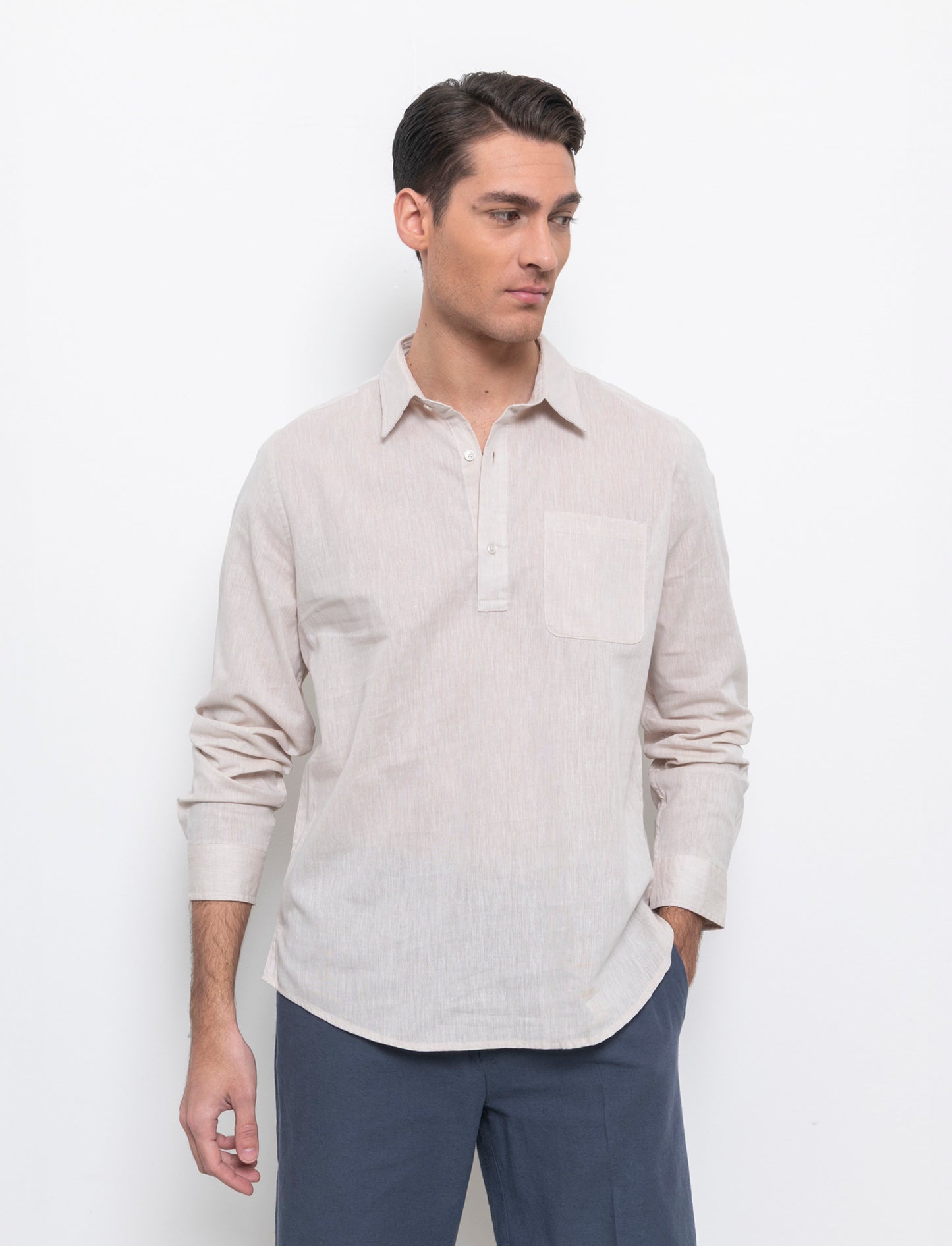 Camicia a casacca misto lino da uomo - Beige