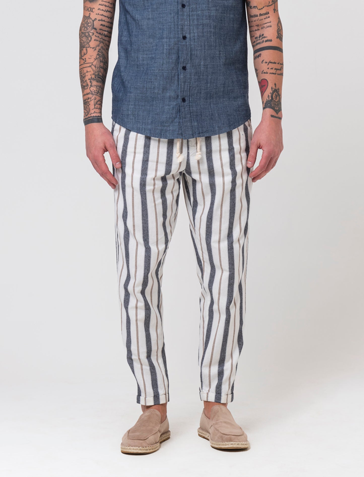 Pantaloni jogger a righe misto lino da uomo - Blu