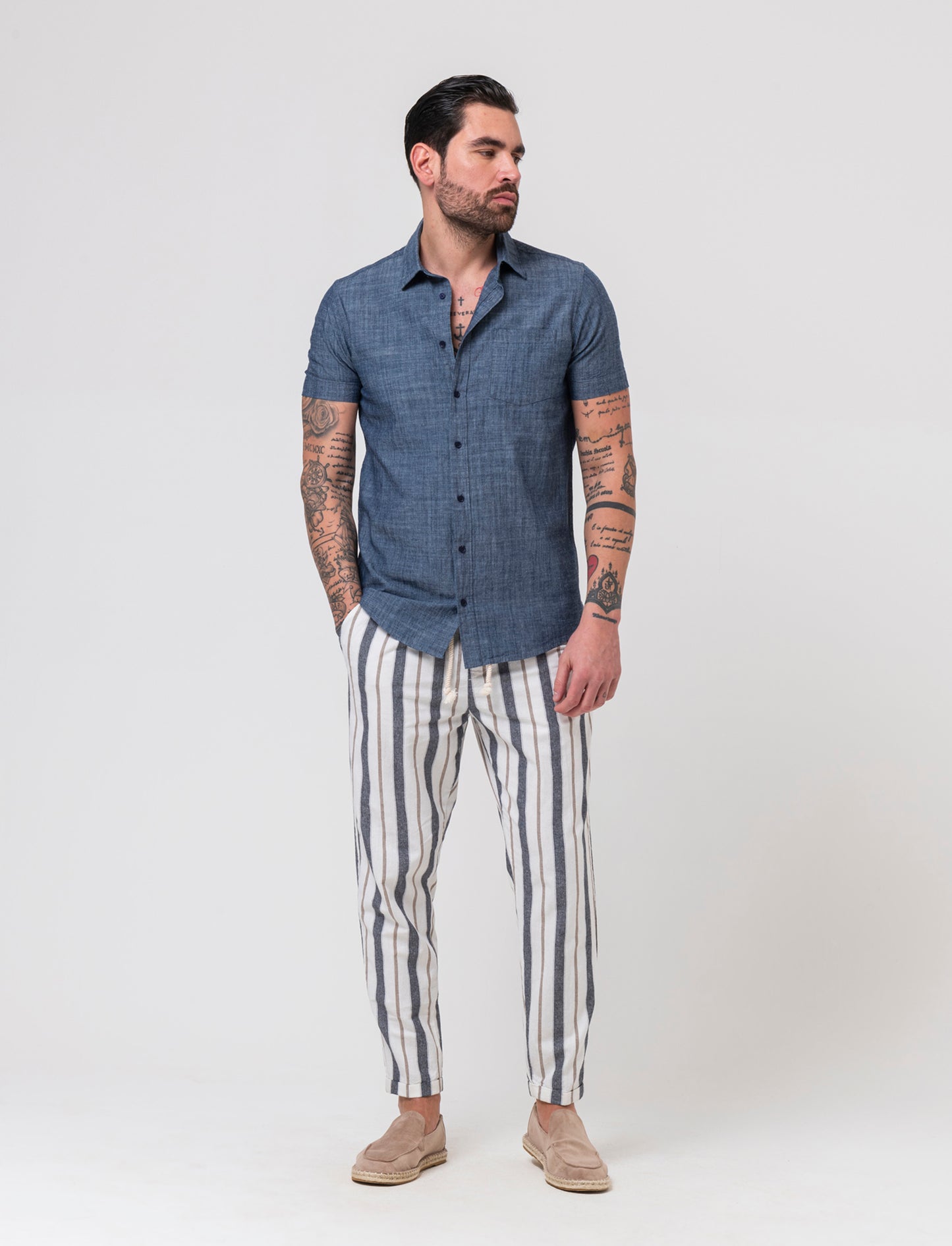 Pantaloni jogger a righe misto lino da uomo - Blu
