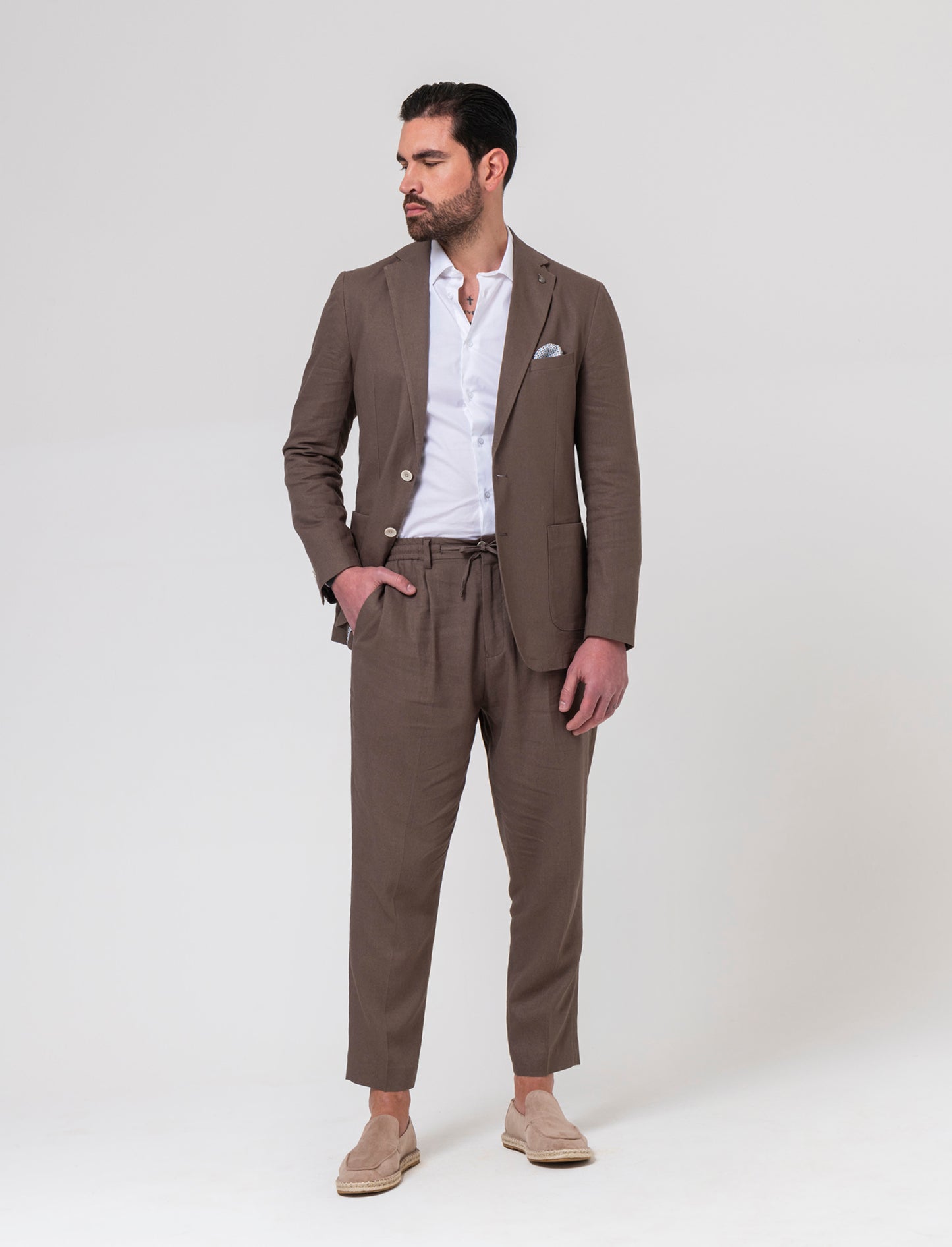 Pantaloni da completo tessuto linen blend da uomo - Grigio fango