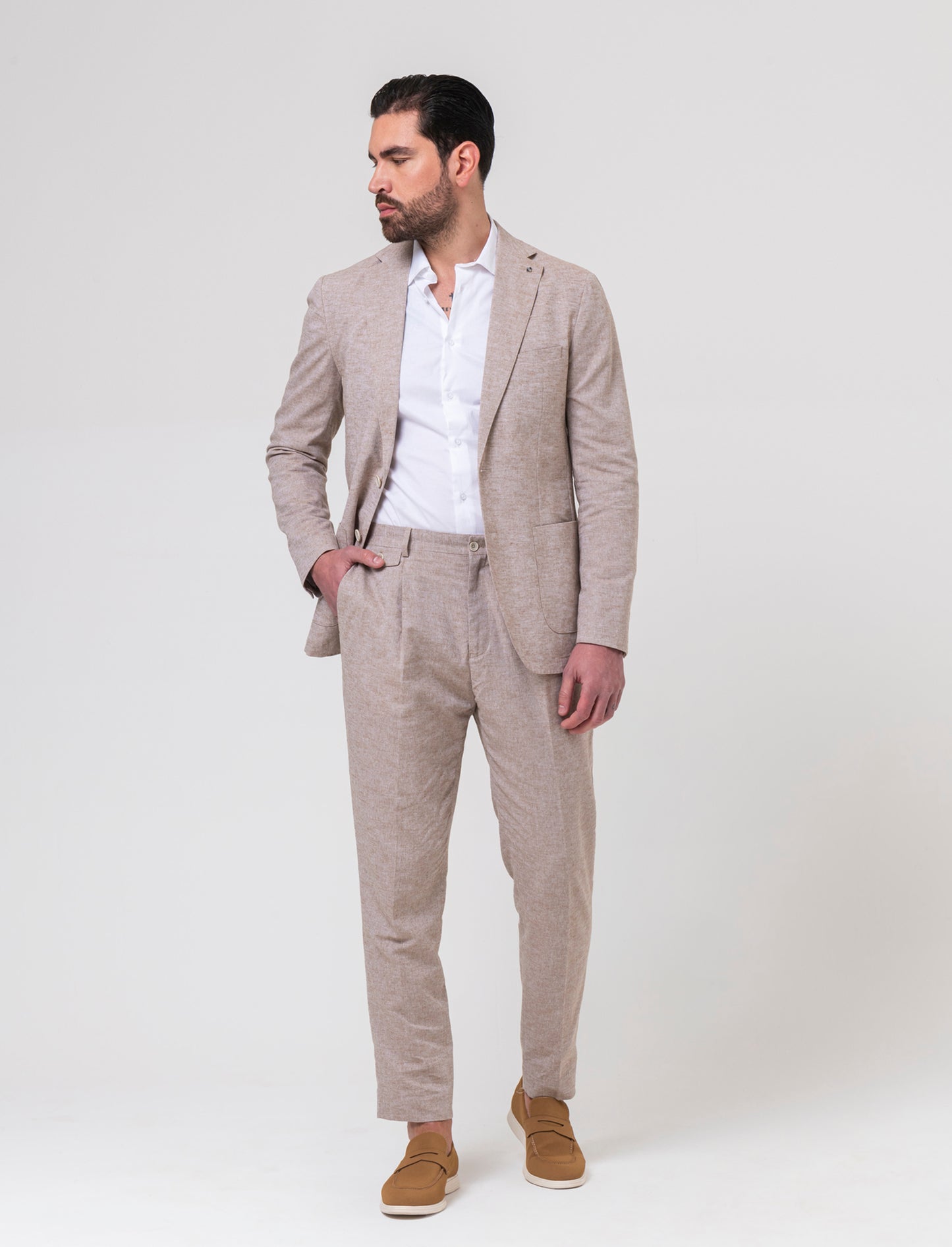Pantaloni da completo tessuto misto lino da uomo - Grigio tortora