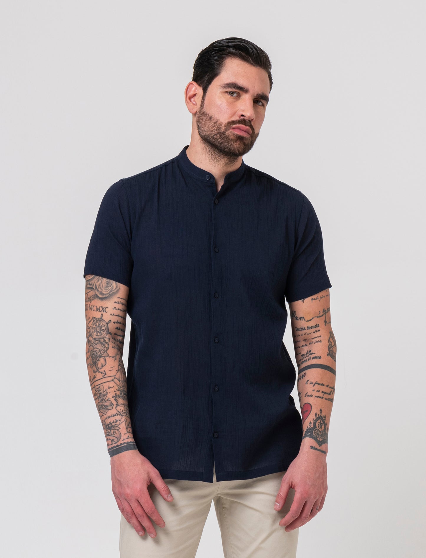 Camicia alla coreana da uomo effetto crepe - Blu
