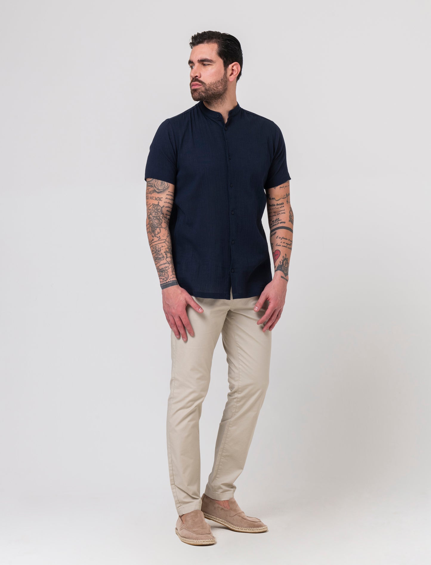 Camicia alla coreana da uomo effetto crepe - Blu