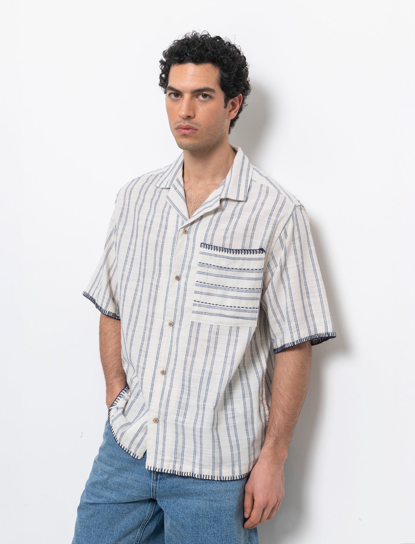 Camicia a righe effetto lino da uomo - Beige ecru