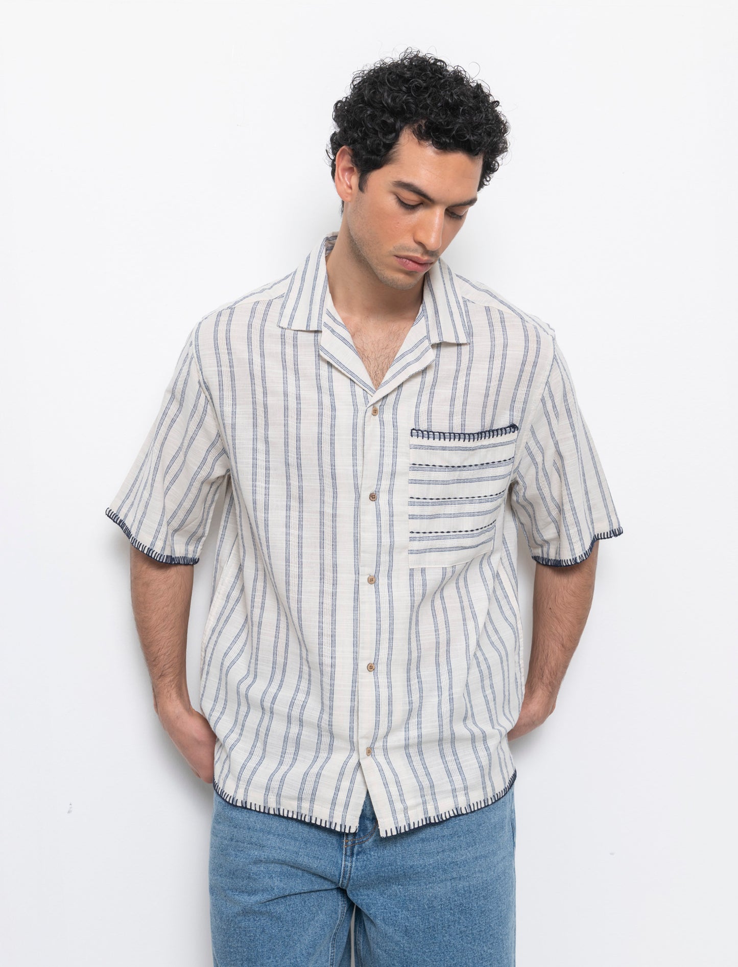 Camicia a righe effetto lino da uomo - Beige ecru