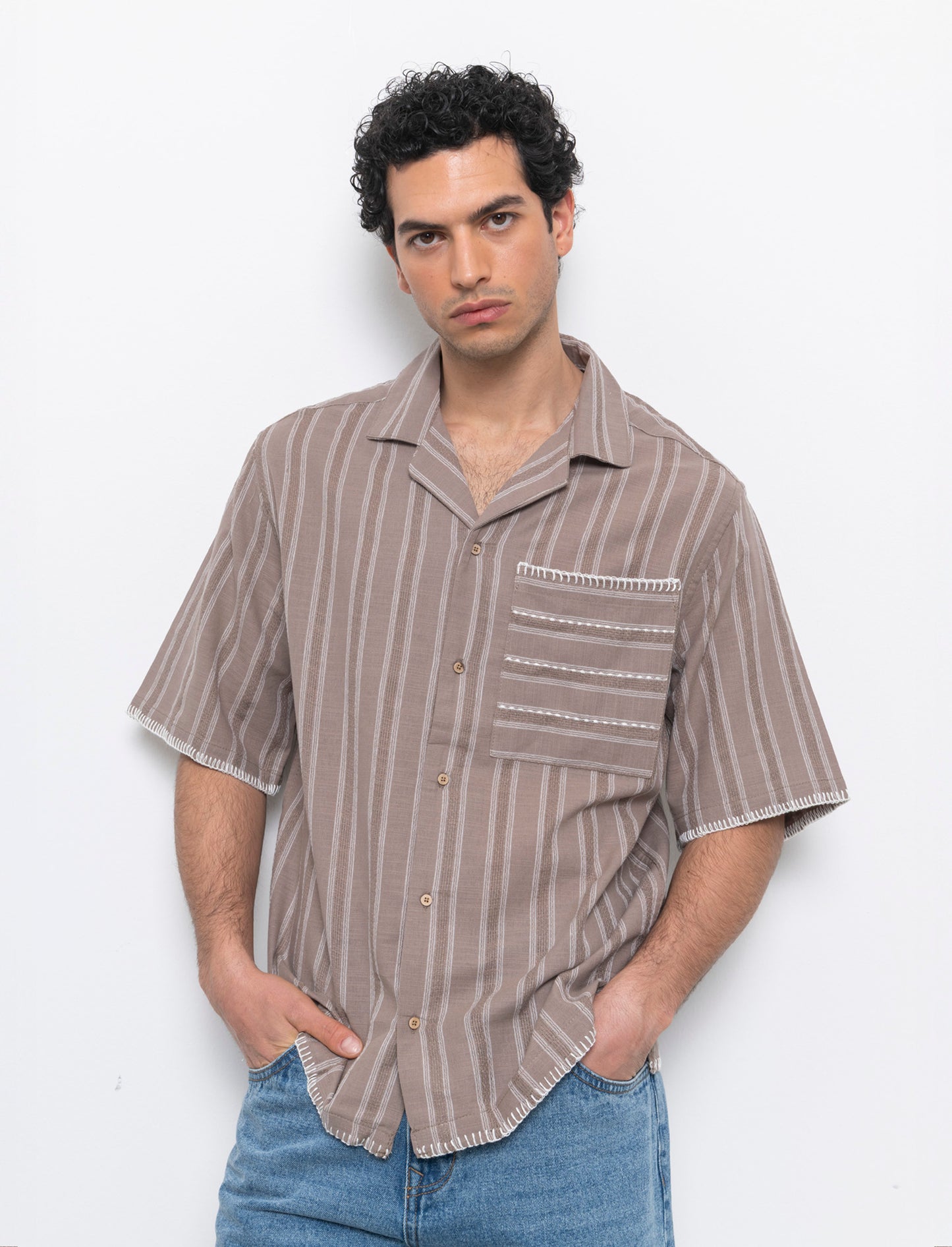Camicia a righe effetto lino da uomo - Grigio tortora
