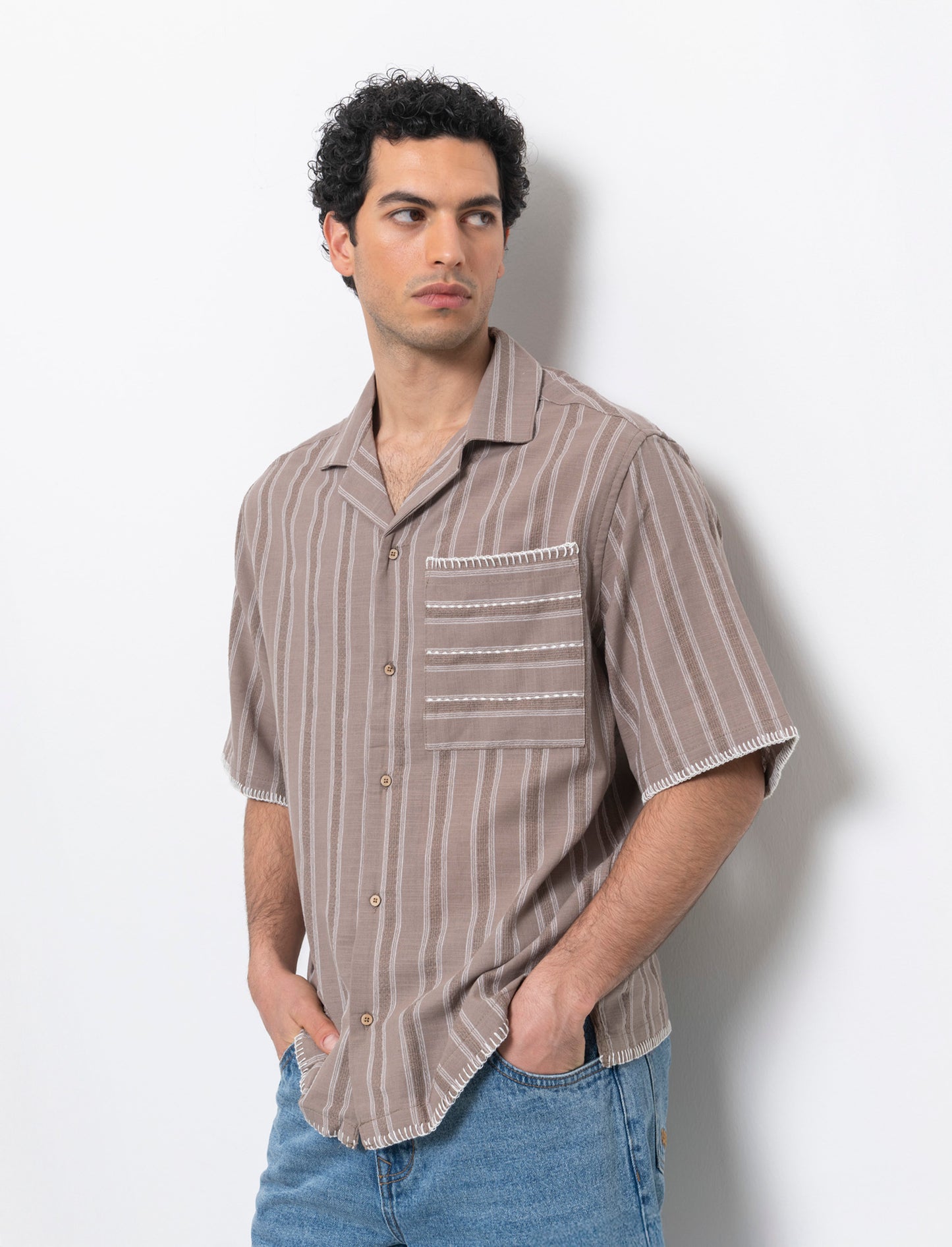 Camicia a righe effetto lino da uomo - Grigio tortora
