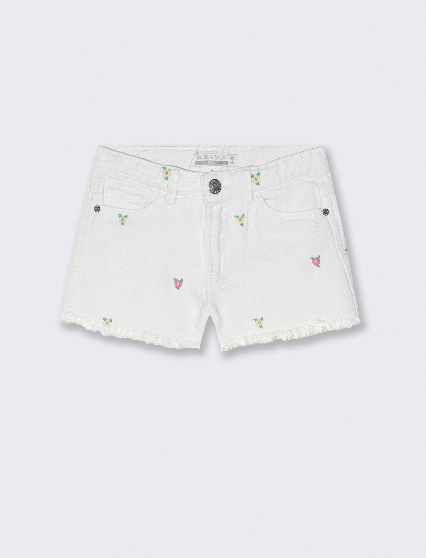 Short in denim e cotone con fiorellini - Bianco