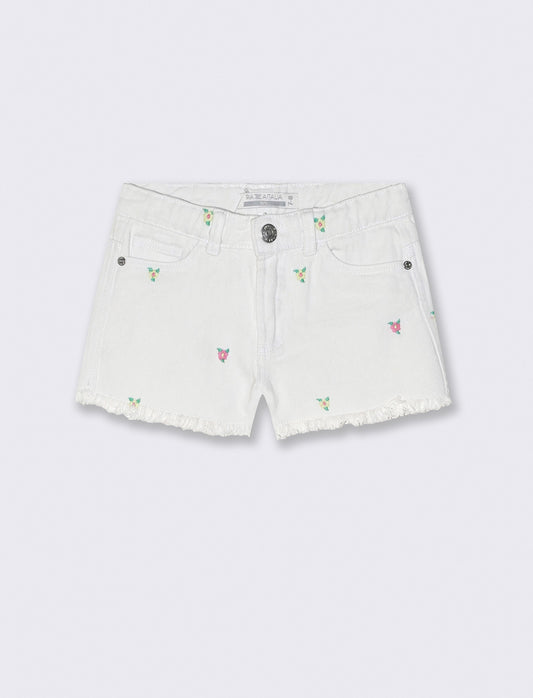 Short in denim e cotone con fiorellini - Bianco