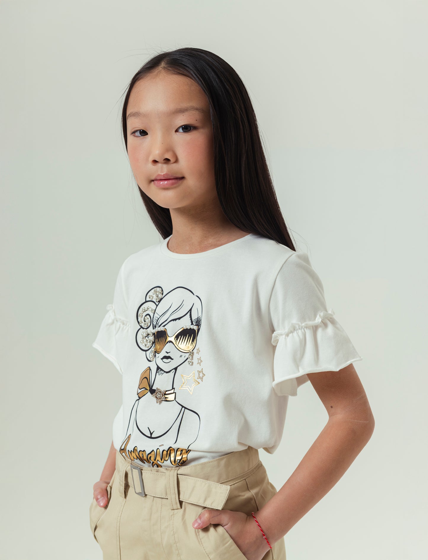 T-shirt elegante da bambina con rouches - Bianco latte