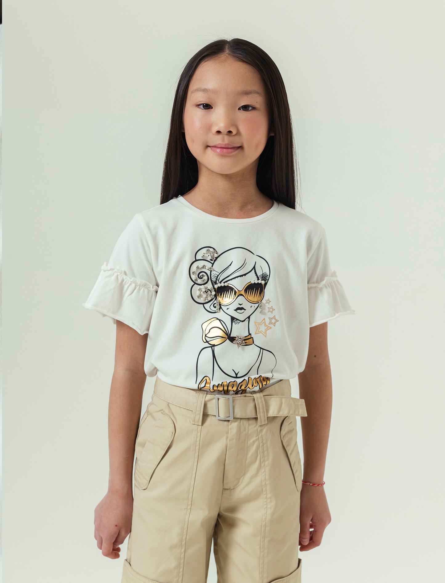 T-shirt elegante da bambina con rouches - Bianco latte
