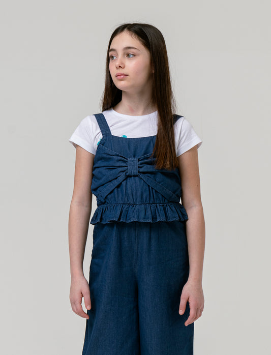 Salopette in chambray da bambina - DENIM SCURO